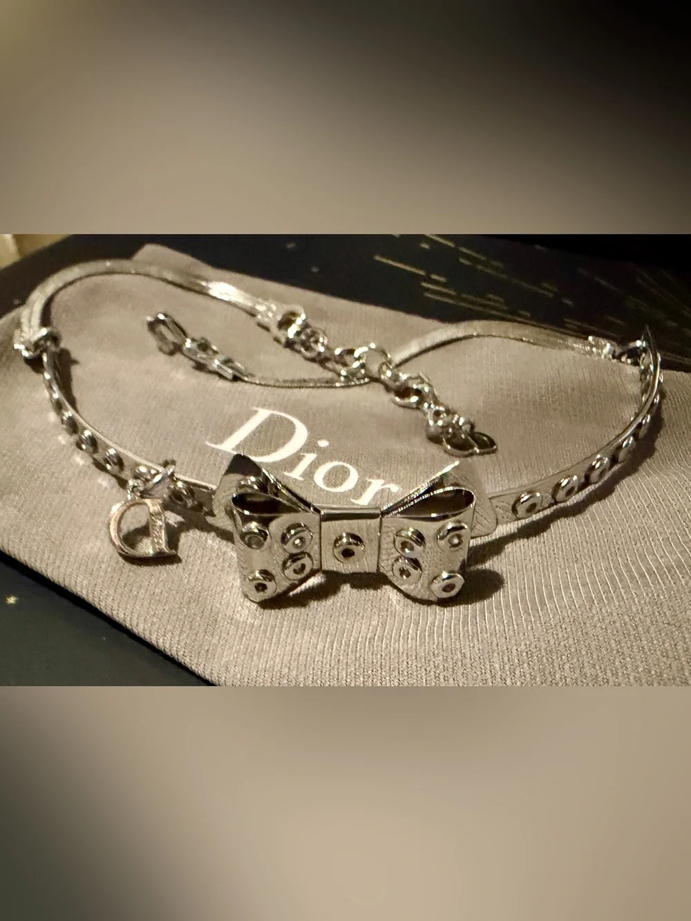 Rare Vintage Dior Gromet Silver Bow Choker Necklace